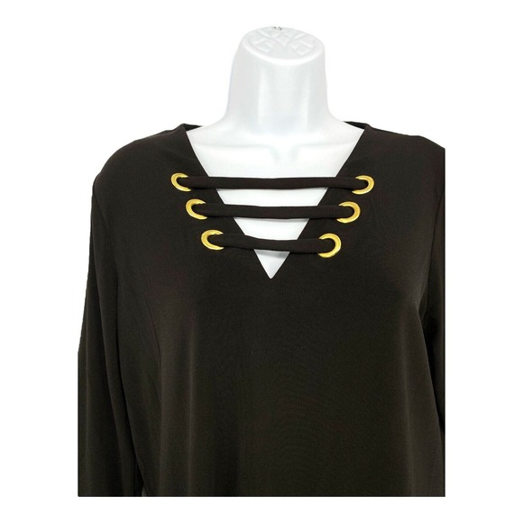 Michael Kors Black Stretch Pullover V Top Blouse Bell Sleeves Crisscross M - Picture 7 of 9